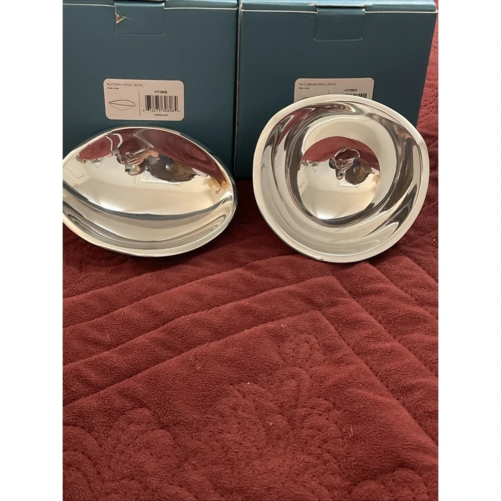 2- Nambe Tri Corner & Butterfly Small Bowls Silver Alloy Metal MT0809 & MT0808